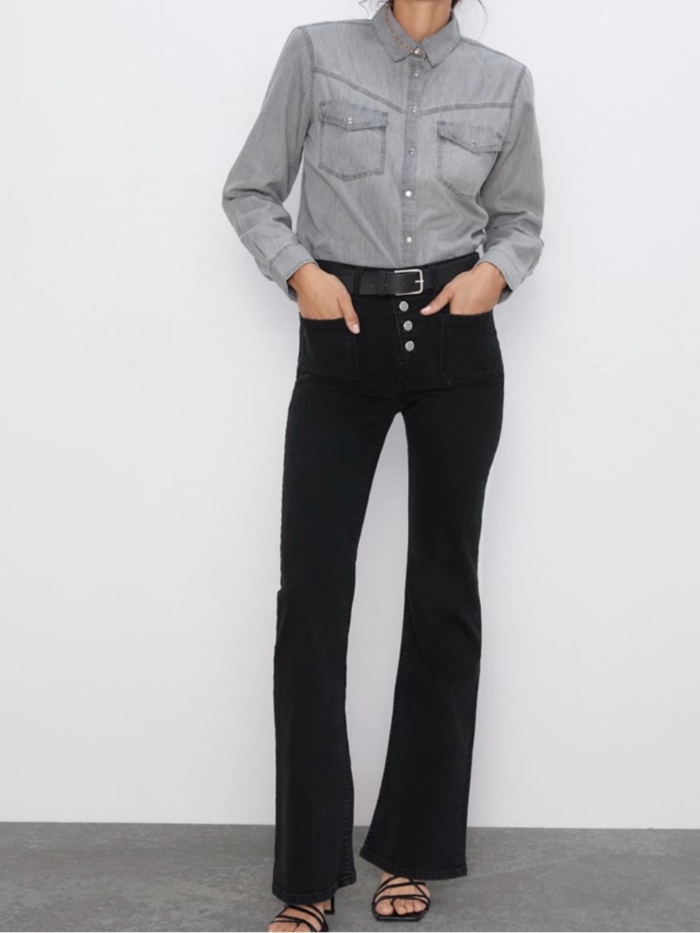 Zara Black High-Rise Button-Fly Flared Jeans